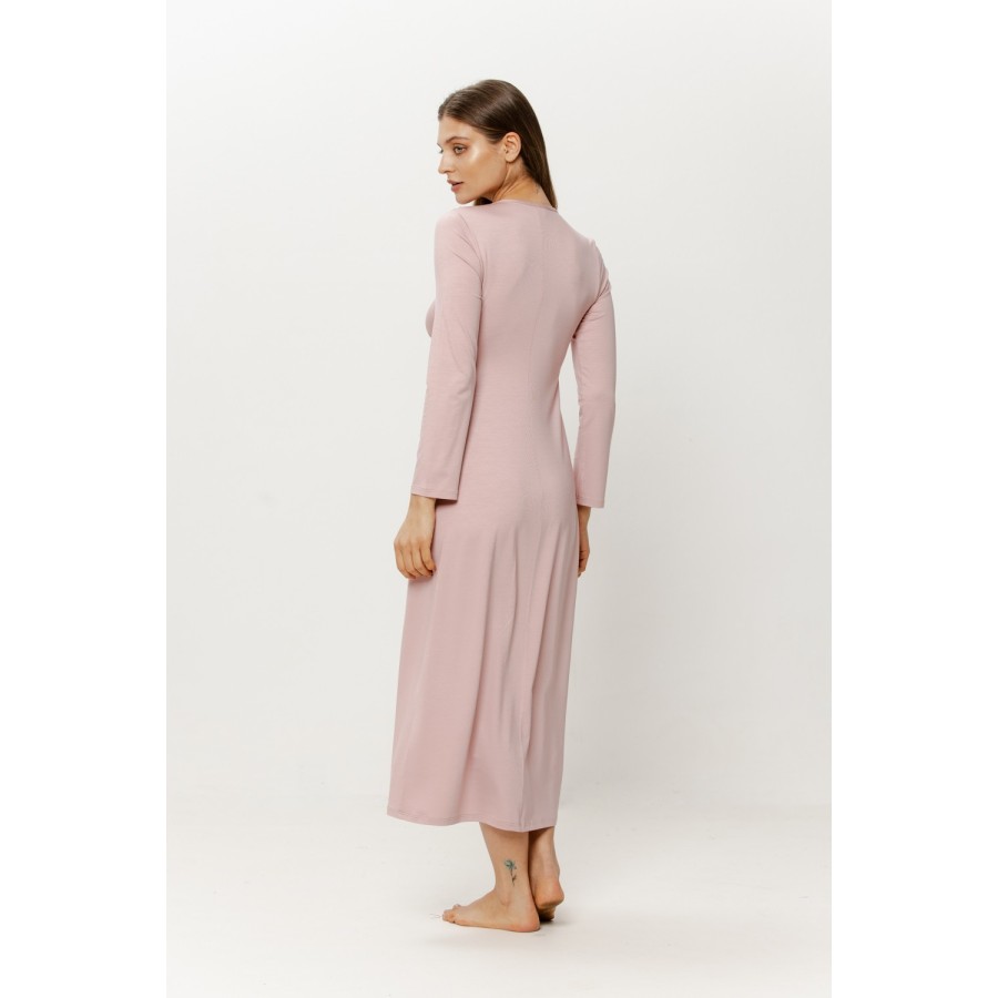 Fitted pink viscose nightgown with deep lace V-neck and long sleeves