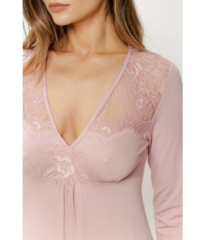 Side view of fitted pink viscose nightgown with long sleeves