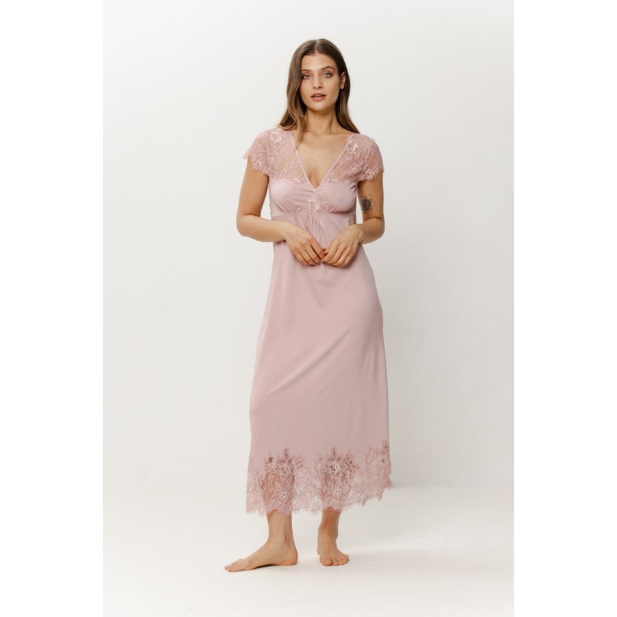 Pink floor-length viscose nightgown, all-over lace short sleeves, ruched bust front view