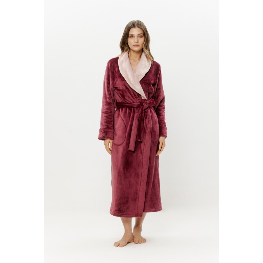 Vorderansicht: zweifarbiger Bademantel aus flauschigem Polyester mit Schalkragen und Gürtel