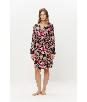 Viskose-Kimono mit zartem Blumenmuster und schwarzer Spitze
