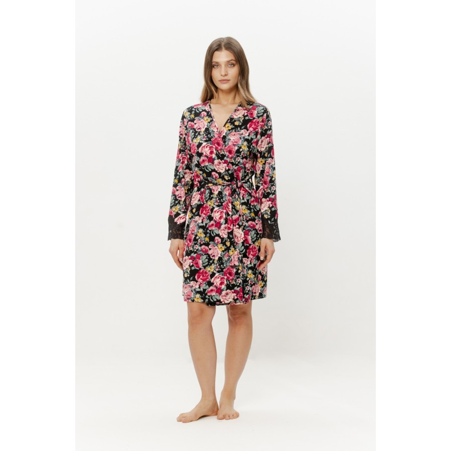 Viskose-Kimono mit zartem Blumenmuster und schwarzer Spitze
