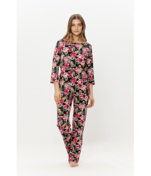 Viskose Pyjama Rosa mit Blumenmuster, Spitzenbesatz am Rücken, U-Boot-Ausschnitt