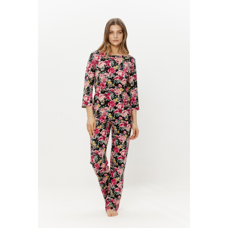 Ensemble pyjama viscose imprimé fleurs roses - Haut avec dentelle dans le dos