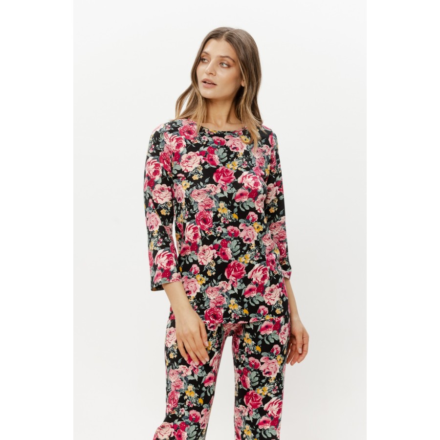 Pantalon droit de l'ensemble pyjama viscose floral rose