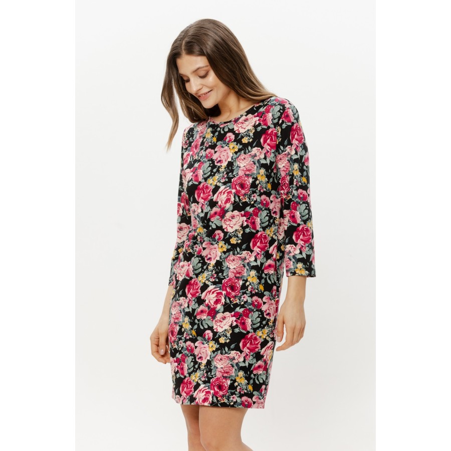 Printed viscose nightgown, pink floral, 3/4 sleeves, front view