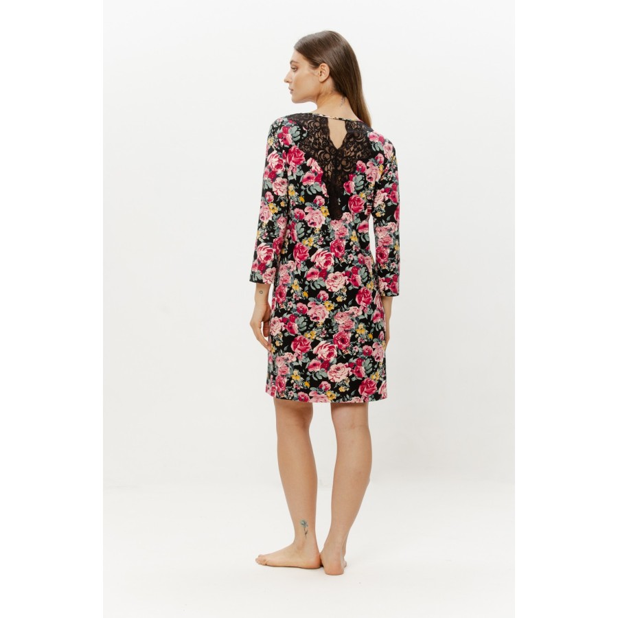 Back view of viscose nightgown with black lace detail and floral print