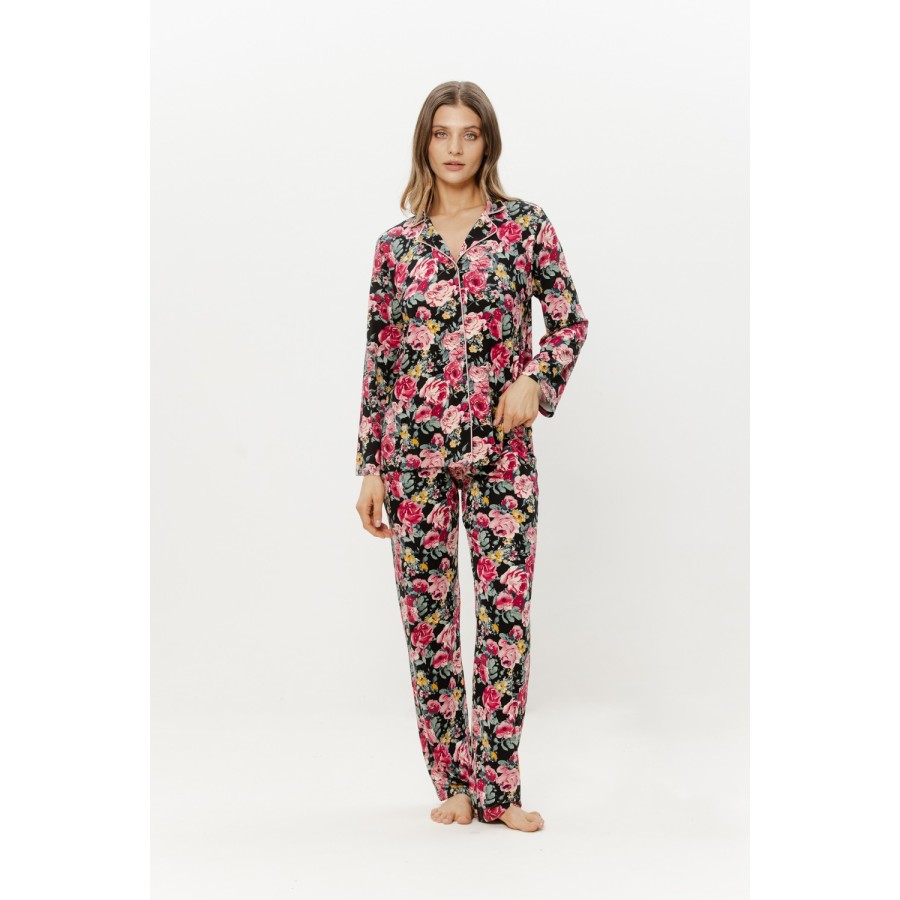 Printed viscose pajama set laid flat, shirt and trousers