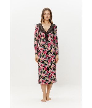 Chemise de nuit viscose imprimé rose, décolleté plongeant dentelle noire, vue face