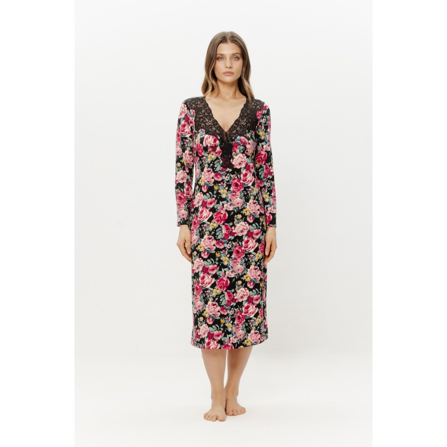 Chemise de nuit viscose imprimé rose, décolleté plongeant dentelle noire, vue face