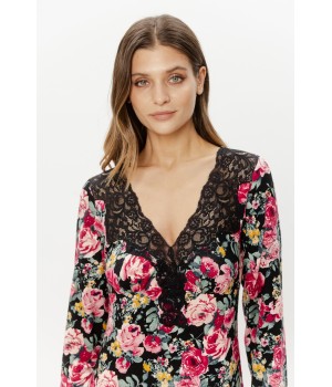 Model wearing the pink printed viscose nightgown with lace detailing