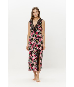 Long sleeveless nightgown in pink floral viscose with black lace V-neck