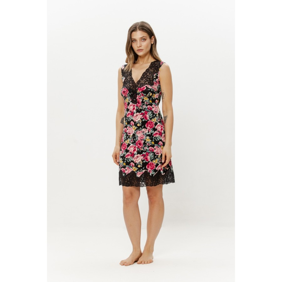 Pink flower print viscose nightie with black lace across bust
