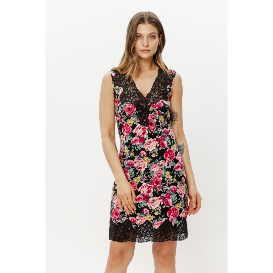 Black lace hem detail on pink printed viscose nightie