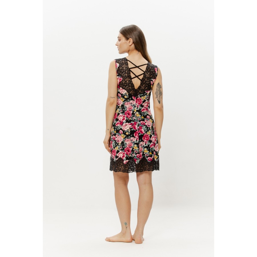 Back view open lace detail on pink printed viscose nightie