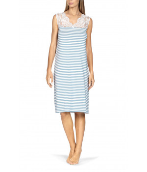 Straight cut sleeveless stripe print nightdress with lace scoop neck.