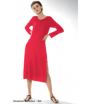 Long calf-length dress with round neck and long sleeves.