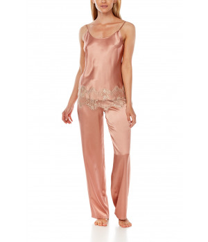 Satin pyjamas composed of a top with thin straps and straight-cut bottoms