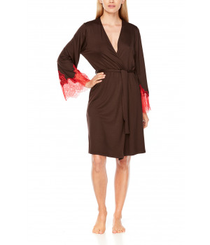 Mid-length, two-tone micromodal and lace, long-sleeve dressing gown - Coemi-Lingerie