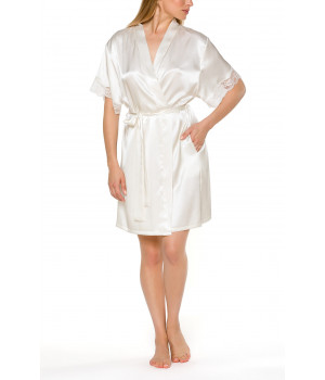Short-sleeve, knee-length dressing gown in white satin and lace