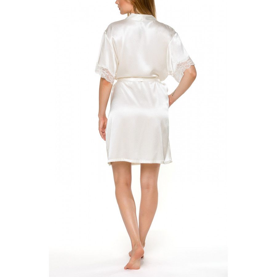 Kurzer Kimono mit kurzen Ärmeln aus weißer Seide und Spitze - Coemi-lingerie
