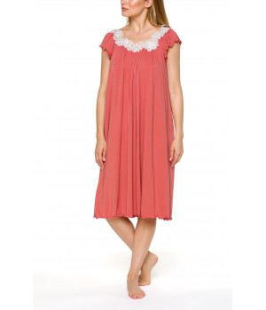 Loose-fitting, mid-length, coral pink nightdress with short sleeves and lace