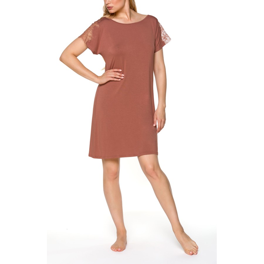 Camisón largo beige ajustado de micromodal y elastano