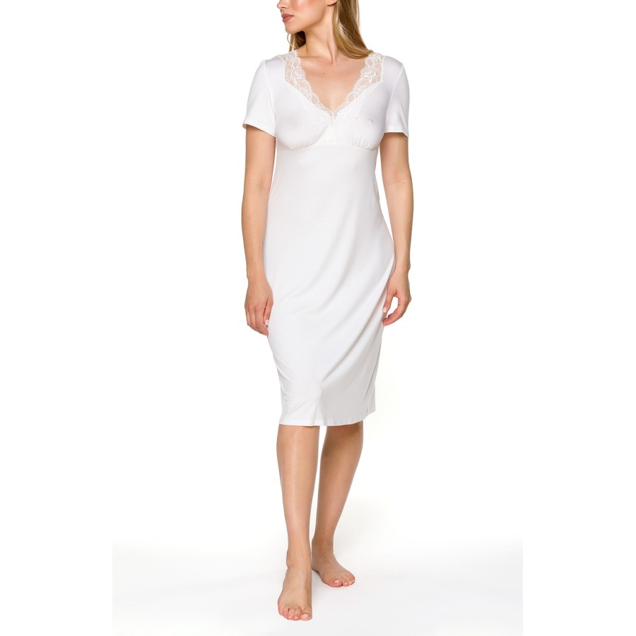 Camisón largo beige ajustado de micromodal vista frontal