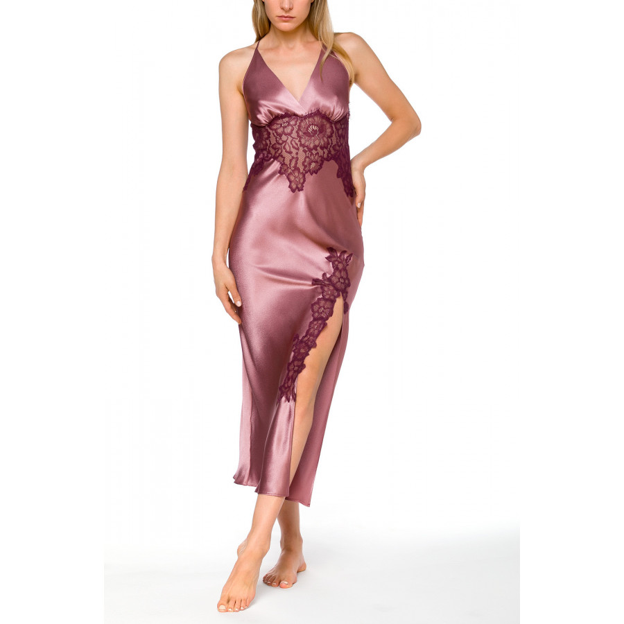 Long nightdress in satin and lace with thin, criss-cross straps at the back - Coemi-lingerie