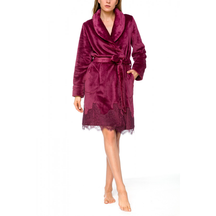 Pretty little velvety bathrobe with shawl collar, enhanced with lace - Coemi-lingerie