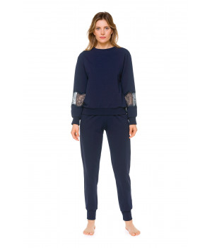 Loose-fitting, dark blue, long-sleeve sweatshirt with a round neck in cotton, elastane and lace