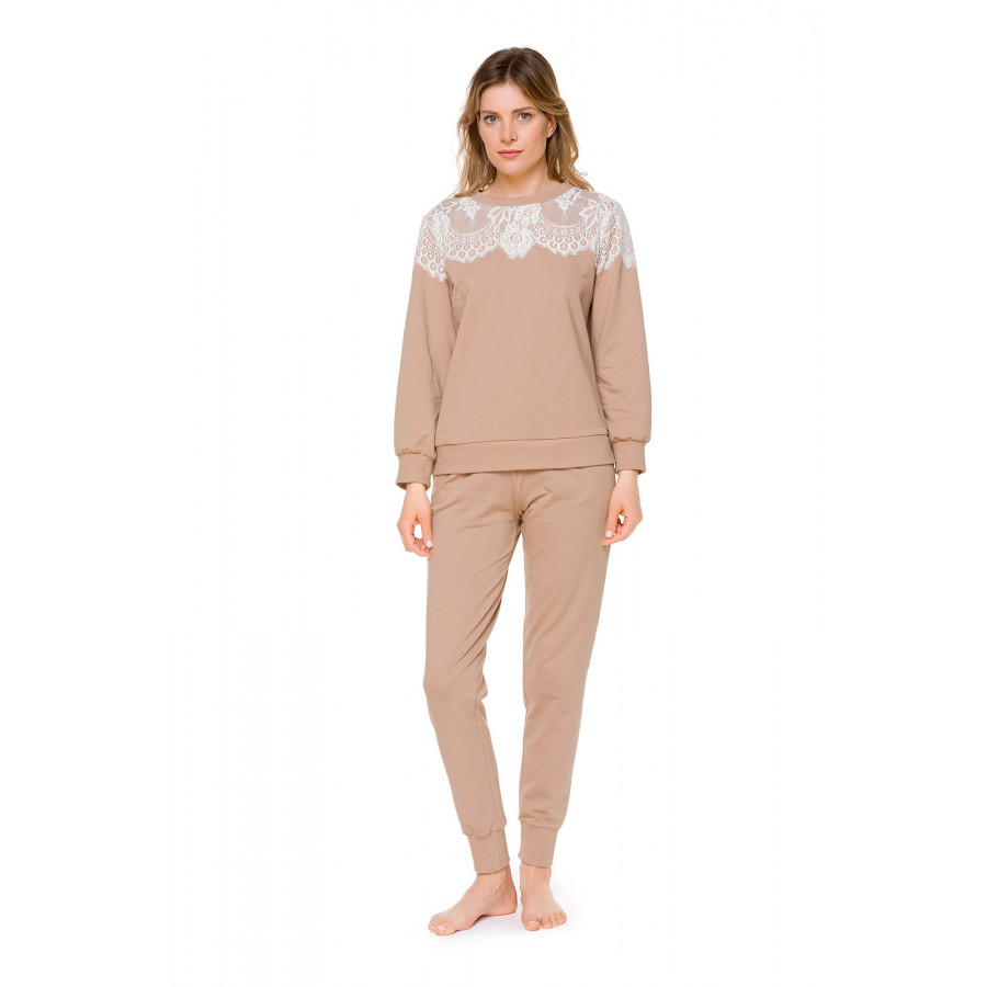 Beigefarbenes Sweatshirt aus Baumwolle und Elasthan mit weißem Spitzenbesatz - Coemi-Loungewear