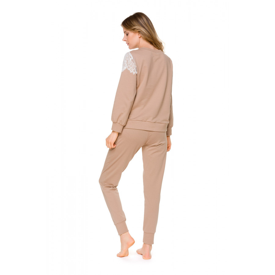 Beigefarbenes Sweatshirt aus Baumwolle und Elasthan mit weißem Spitzenbesatz - Coemi-Loungewear