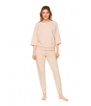 Light beige, soft cotton sweatshirt with flared, three-quarter-length sleeves - Coemi-loungewear