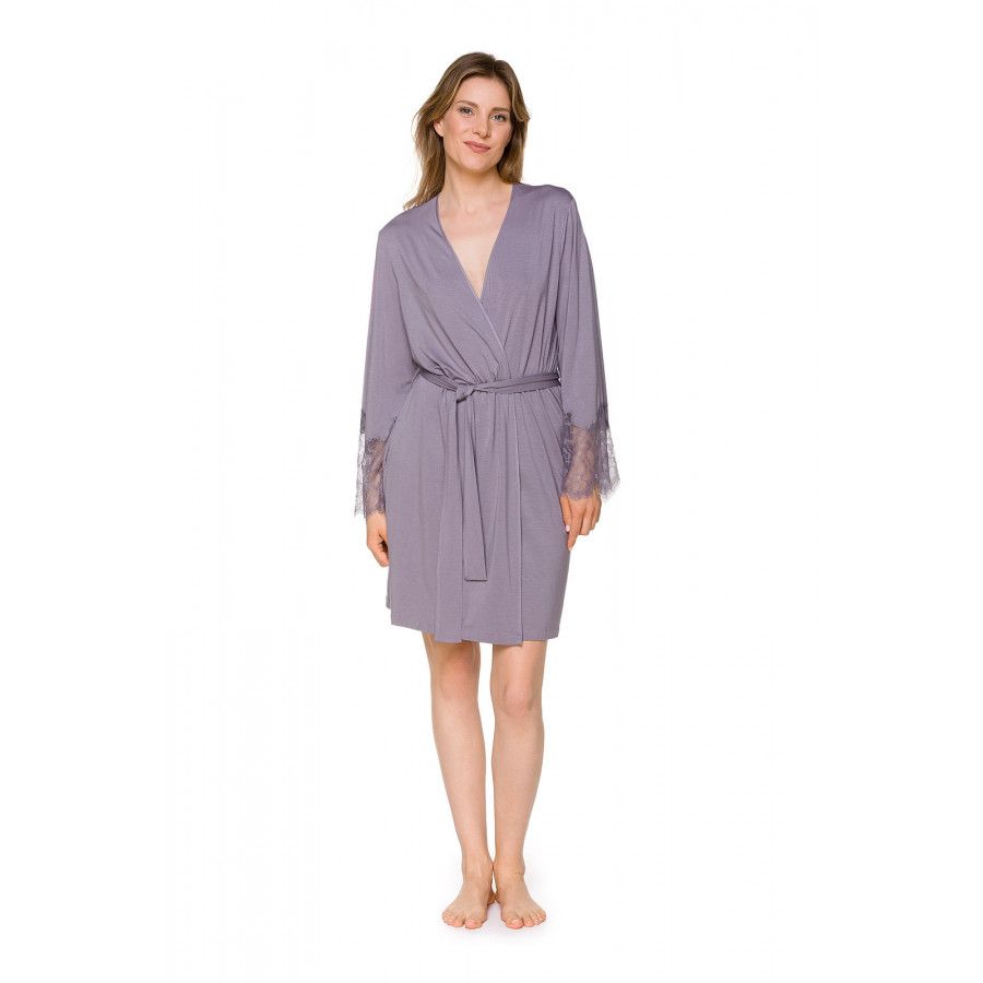 Mid-thigh dressing gown with long sleeves trimmed with lace - Coemi-lingerie Mid-thigh dressing gown with long sleeves trimmed with lace - Coemi-lingerie
