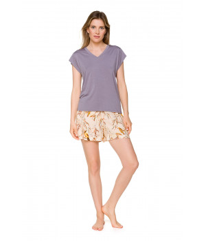 Nightwear outfit consisting of a blue-grey top and shorts embellished with a bird motif - Coemi-lingerie