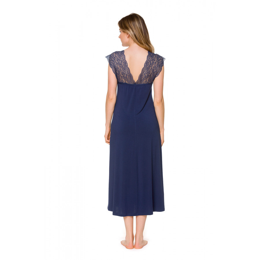 Elegant mid-calf nightdress with short sleeves, V-neckline and back in lace - Coemi-Lingerie