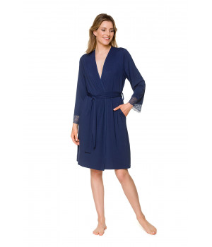 Navy blue, micromodal and elastane dressing gown with lace at the cuffs - Coemi-lingerie