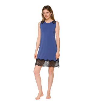 Camisón azul denim sin mangas con encaje negro