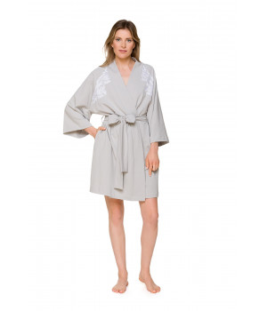 Elegant, kimono-style dressing gown with batwing sleeves and a lace yoke - Coemi-lingerie