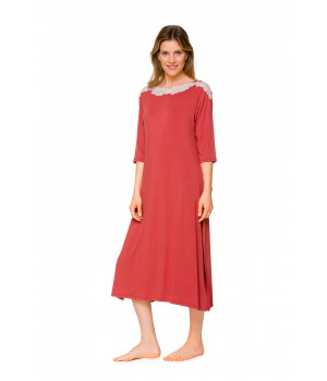 Long nightdress/lounge robe with a slash neck, three-quarter-length sleeves and lace