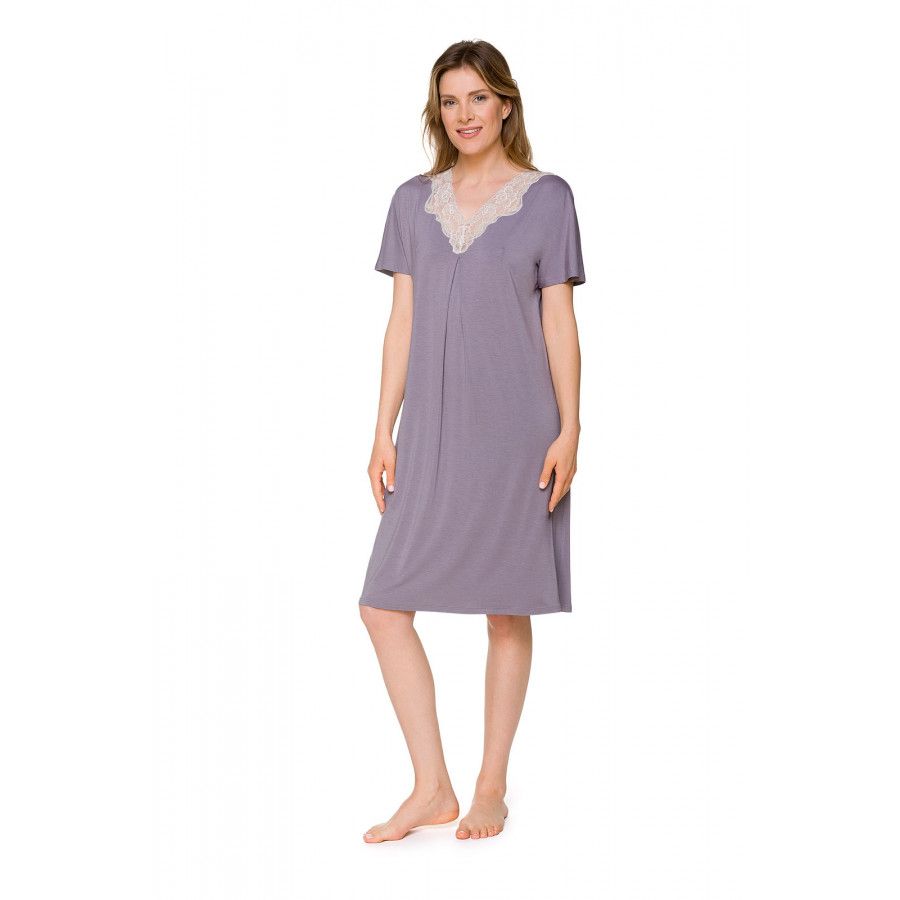 Chemise de nuit forme tunique arrivant aux genoux, manches courtes et dentelle - Coemi-lingerie Chemise de nuit forme tunique arrivant aux genoux, manches courtes et dentelle - Coemi-lingerie