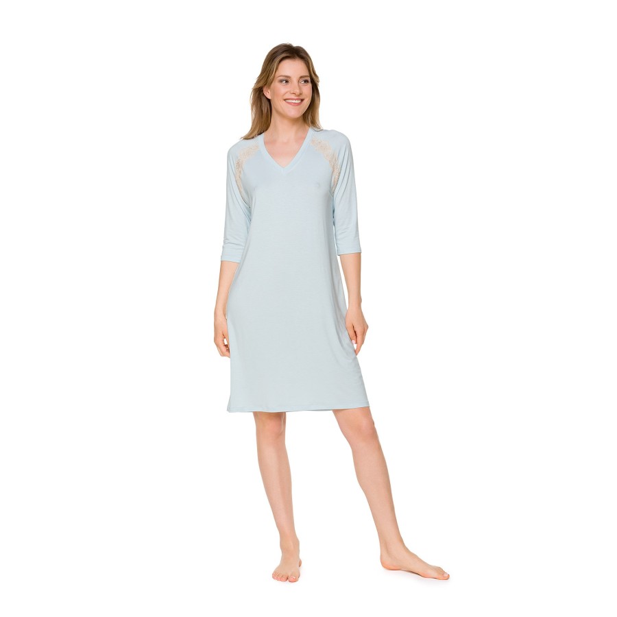 Camisón largo azul y blanco en 94% micromodal, vista frontal