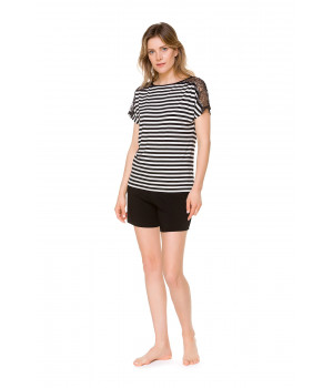 Nightwear outfit composed of a top with sailor-style stripes or in plain black, and shorts - Coemi-lingerie