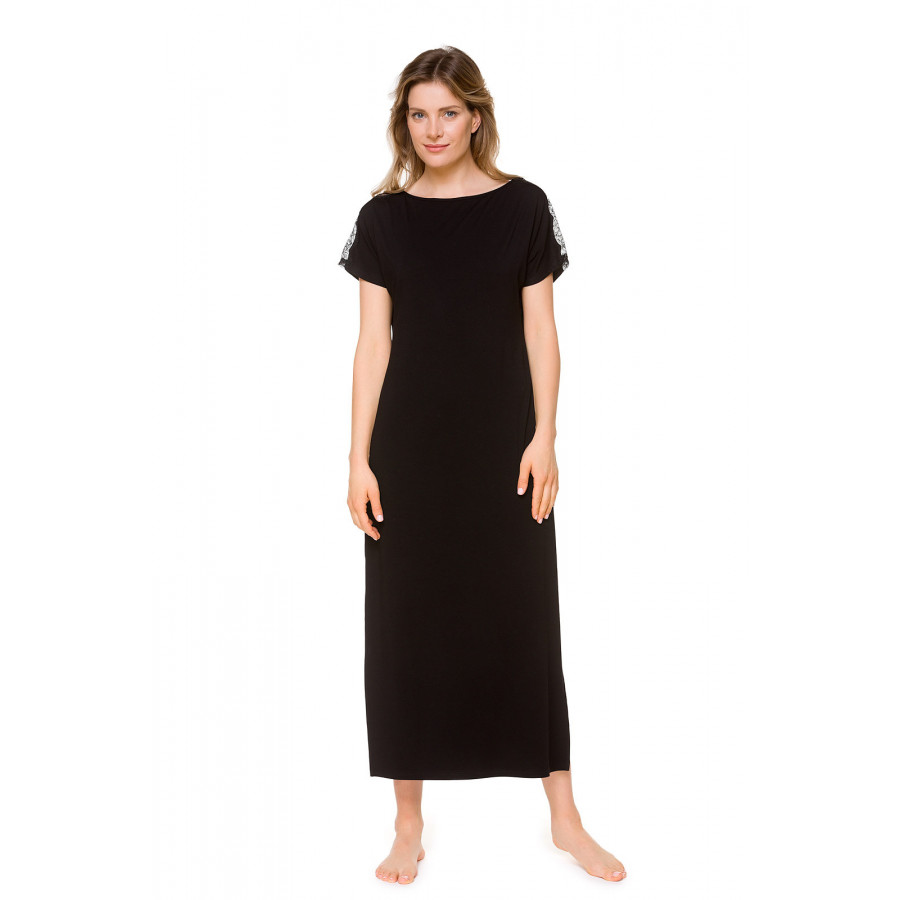 Longue chemise de nuit / robe d'intérieur noire ou imprimé marinière manches courtes - Coemùi-lingerie