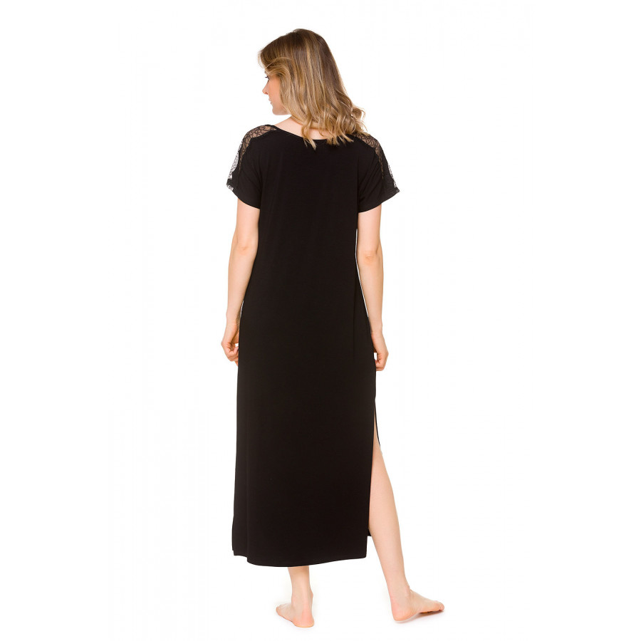 Longue chemise de nuit / robe d'intérieur noire ou imprimé marinière manches courtes - Coemùi-lingerie