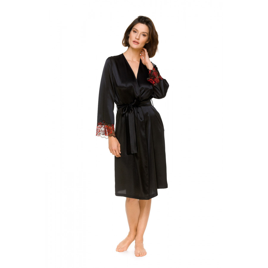 Elegant satin and floral lace dressing gown cut above the knee - Coemi-lingerie