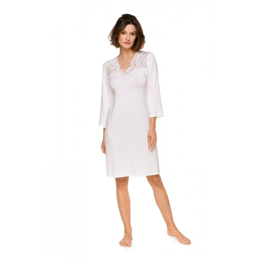 Jolie chemise de nuit manches ¾ en micromodal et broderie, décolleté en V - Coemi-lingerie Jolie chemise de nuit manches ¾ en micromodal et broderie, décolleté en V - Coemi-lingerie