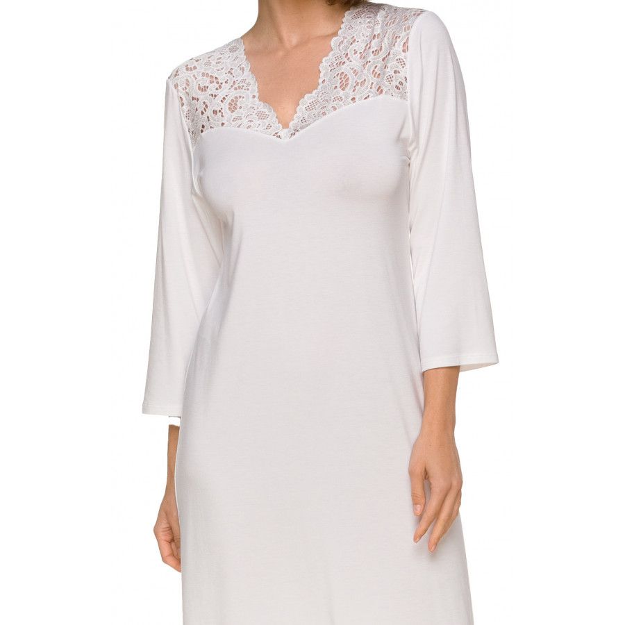 Jolie chemise de nuit manches ¾ en micromodal et broderie, décolleté en V - Coemi-lingerie