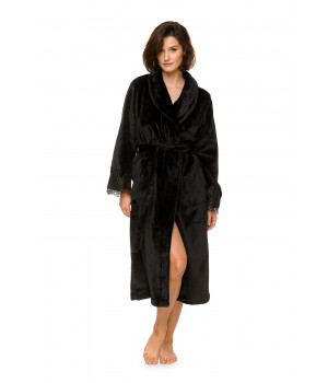 Long dressing gown in velvety fabric with shawl collar and lace at the cuffs